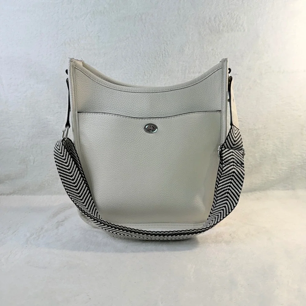 Rae Dunn Crossbody Bag Women Medium White Chevron Guitar Strap Messenger